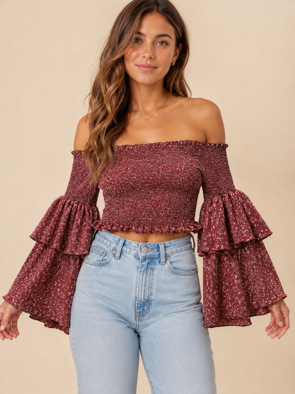 Burgundy Floral Smocked Off Shoulder Crop Top Tiered Bell Sleeves Medium Boho